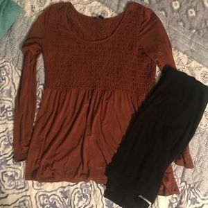rust orange top and forever 21 leggings outfit